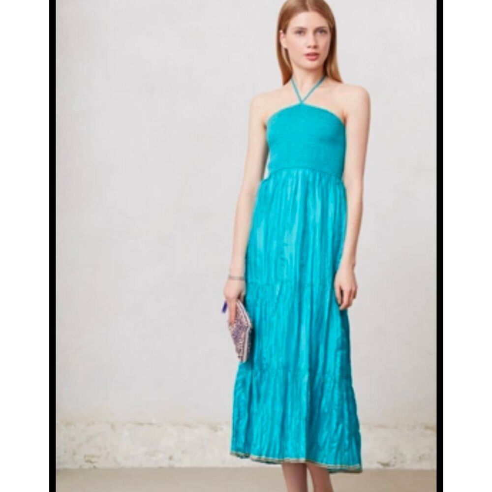 Anthropologie Maeve Daleka 100% Turquoise Blue Silk Crinkle Dress Skirt Silk Sma